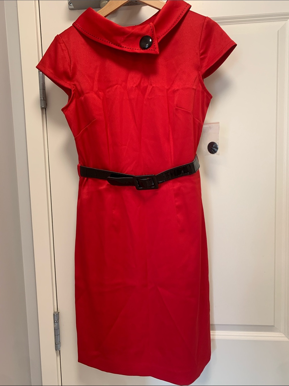 Dressbarn Red Sheath Dress with Statement Collar and Black Belt